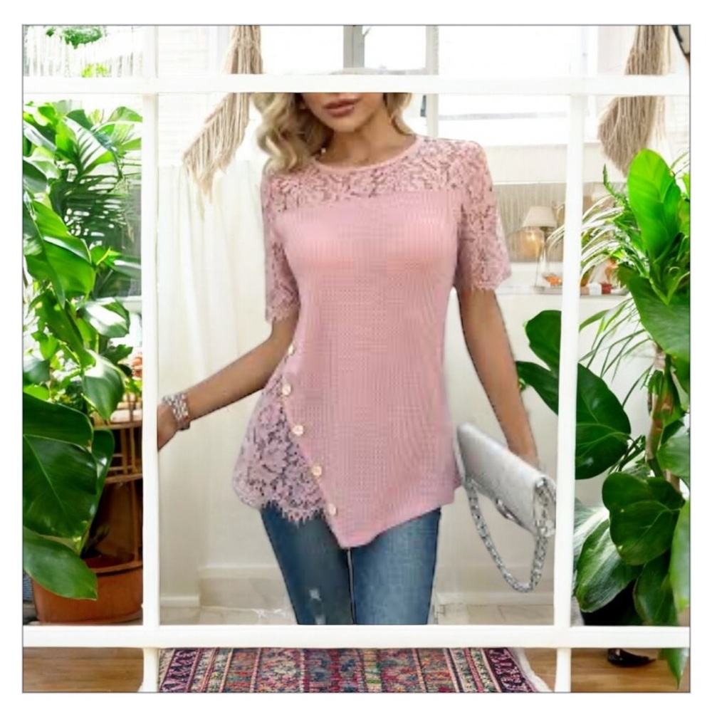 NWOT Dusty Pink Waterfall Hem-Sheer Lace Neck-Button Detail-Waffle Knit Top-Sz M